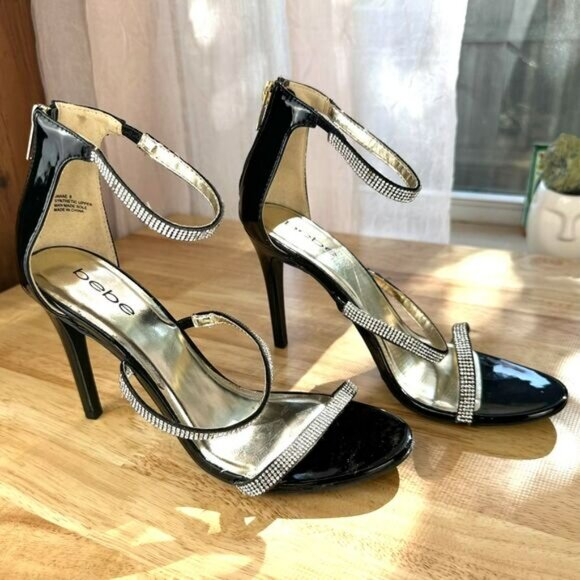 Bebe Black Women's High Heel Janae Strappy Pump w/ Rhinestones Size 8 - Picture 6 of 10